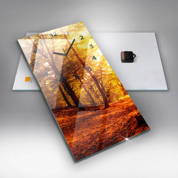 Vertikální skleněné hodiny Lesní krajina na slunci