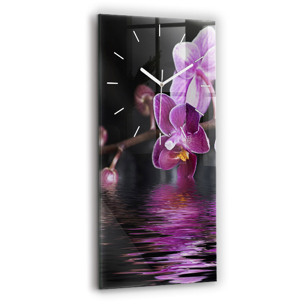 Vertikální skleněné hodiny Květ orchideje na vodě