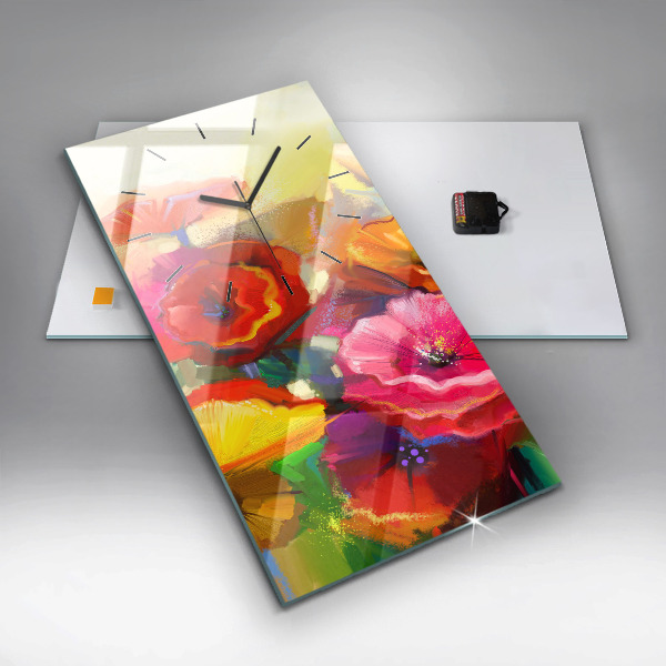 Vertikální skleněné hodiny Barevné máky