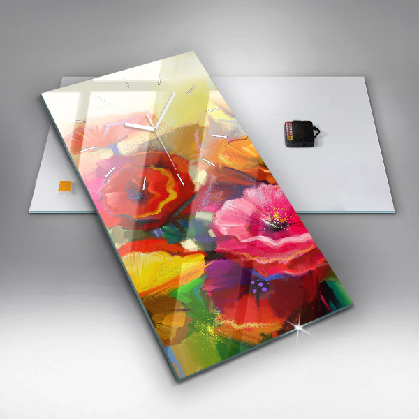 Vertikální skleněné hodiny Barevné máky