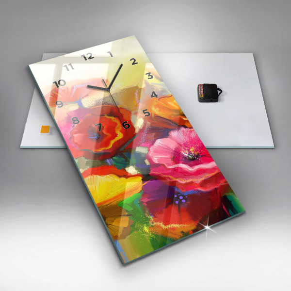 Vertikální skleněné hodiny Barevné máky