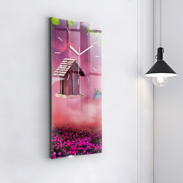 Vertikální skleněné hodiny Ptačí domek