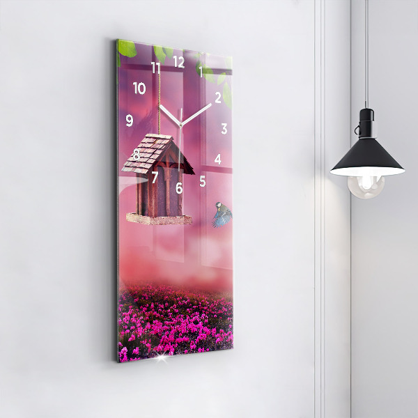 Vertikální skleněné hodiny Ptačí domek