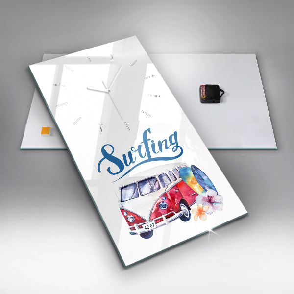 Vertikální skleněné hodiny Auto a nápis Surfování