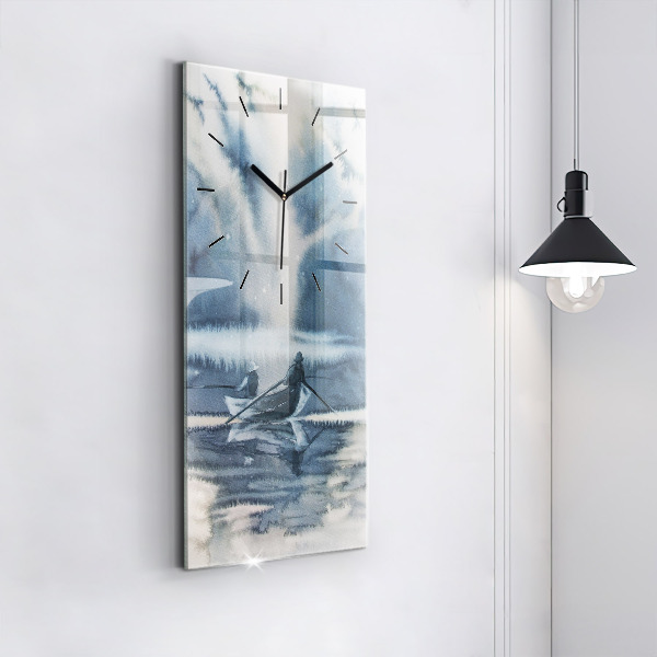 Vertikální skleněné hodiny Rybář na jezeře