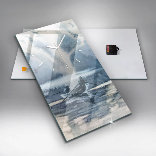 Vertikální skleněné hodiny Rybář na jezeře