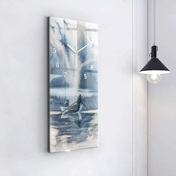 Vertikální skleněné hodiny Rybář na jezeře