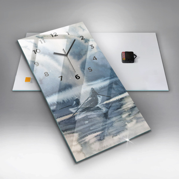 Vertikální skleněné hodiny Rybář na jezeře