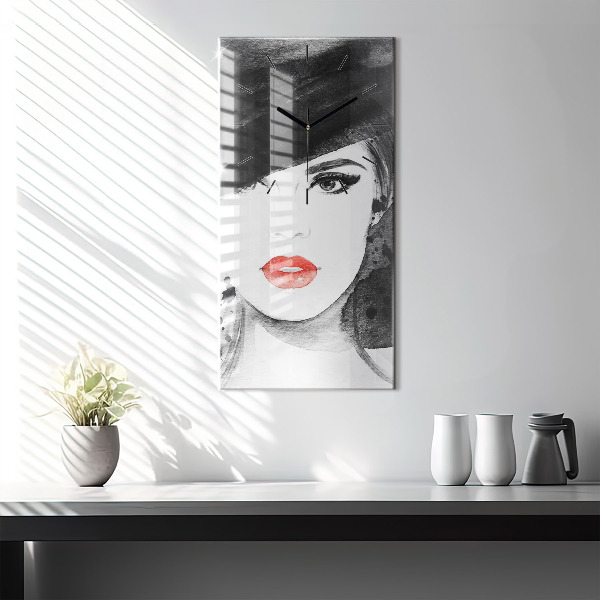 Vertikální nástěnné hodiny Žena v klobouku