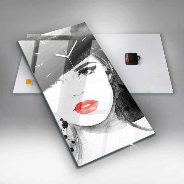 Vertikální nástěnné hodiny Žena v klobouku