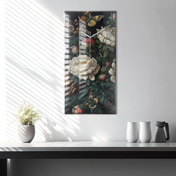 Vertikální skleněné hodiny Květina a zlatí motýli