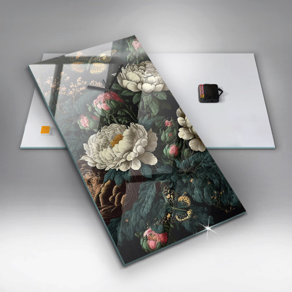 Vertikální skleněné hodiny Květina a zlatí motýli