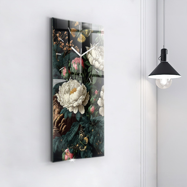 Vertikální skleněné hodiny Květina a zlatí motýli