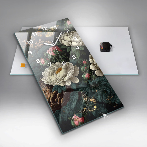 Vertikální skleněné hodiny Květina a zlatí motýli