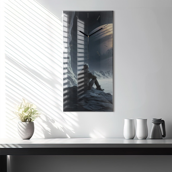 Vertikální skleněné hodiny Muž na měsíčním pozadí