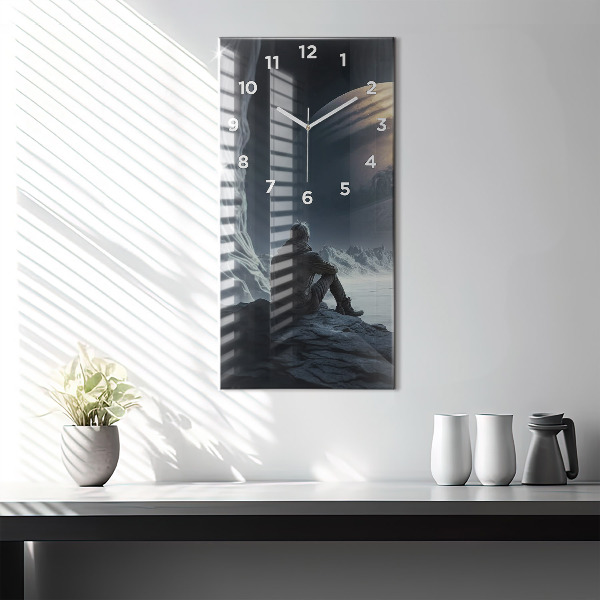 Vertikální skleněné hodiny Muž na měsíčním pozadí