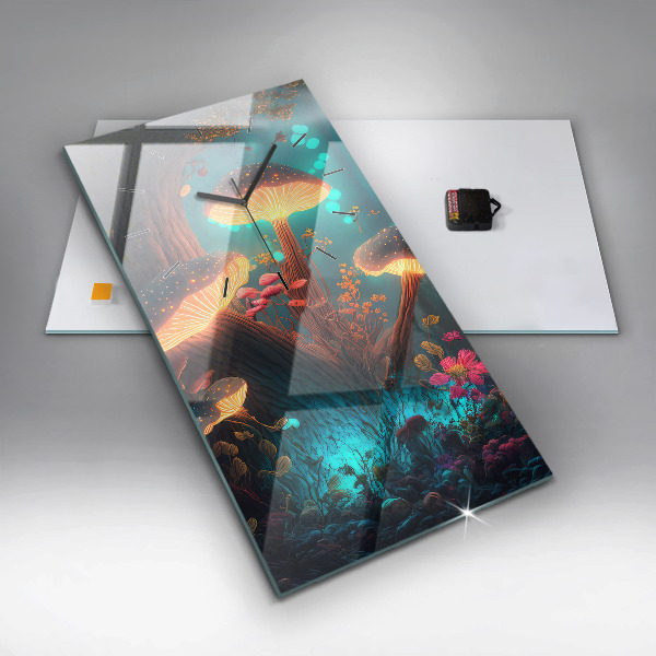 Vertikální skleněné hodiny Les a kouzelné houby