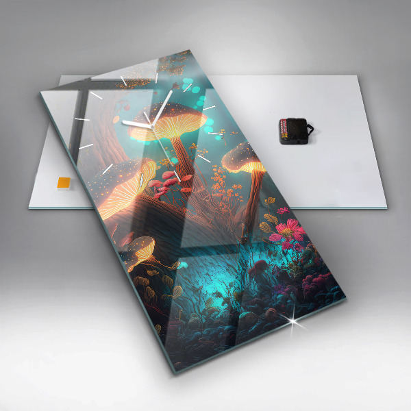 Vertikální skleněné hodiny Les a kouzelné houby