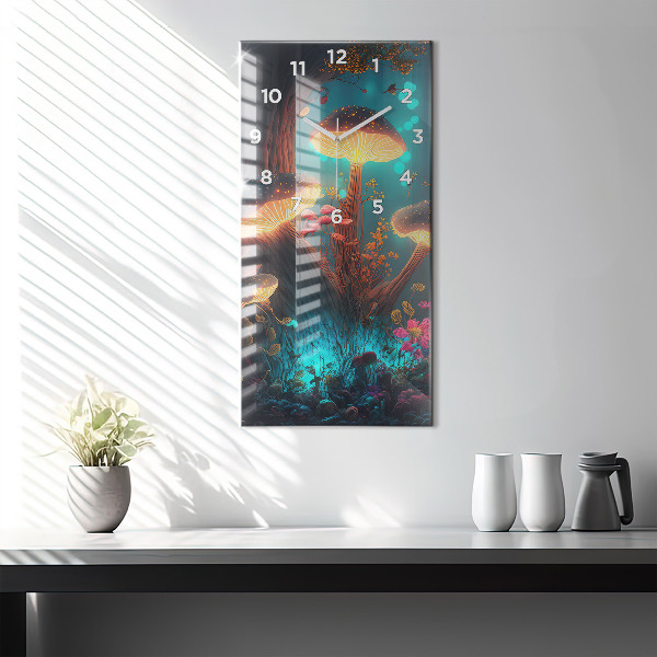 Vertikální skleněné hodiny Les a kouzelné houby