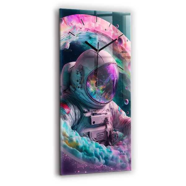 Vertikální skleněné hodiny Kosmonaut a barevné mraky