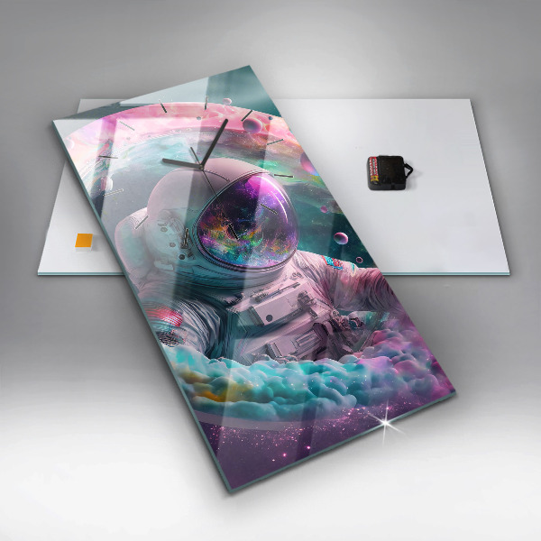 Vertikální skleněné hodiny Kosmonaut a barevné mraky