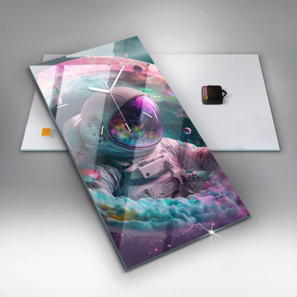 Vertikální skleněné hodiny Kosmonaut a barevné mraky