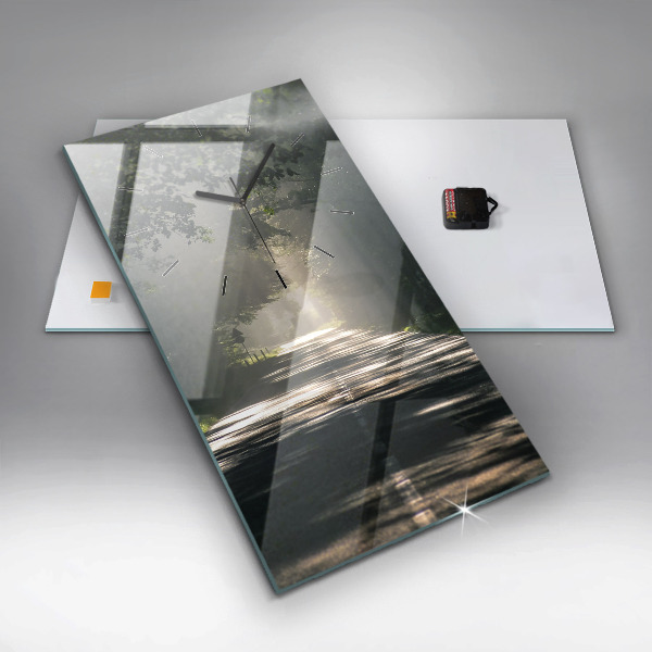 Vertikální nástěnné hodiny Lesní cesta a pruhy slunce