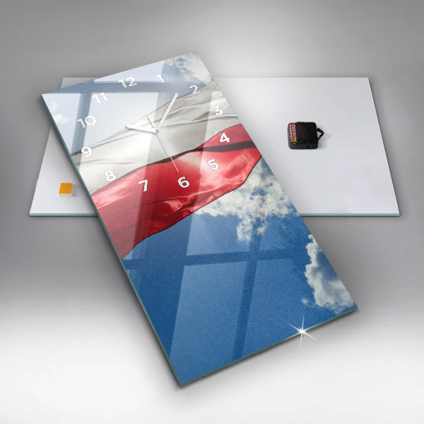 Vertikální nástěnné hodiny Polská vlajka na pozadí oblohy