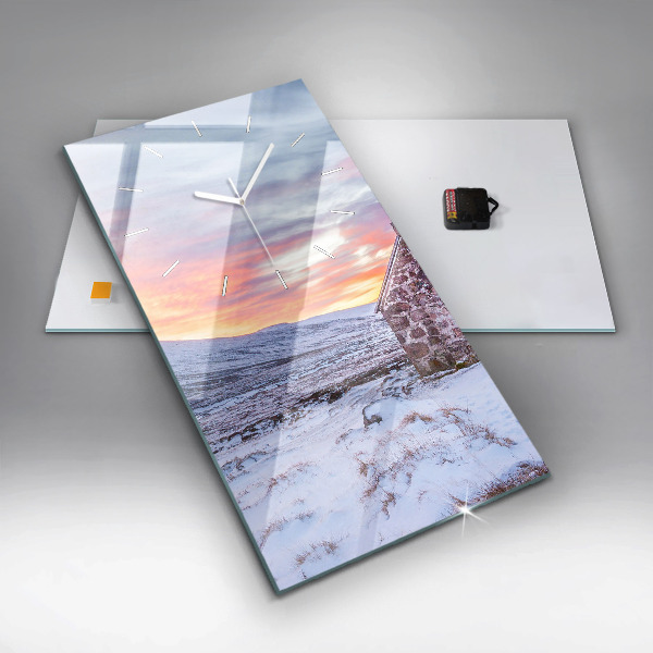 Vertikální nástěnné hodiny Chata v horách