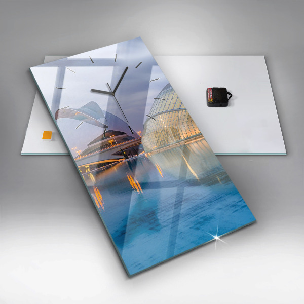 Vertikální nástěnné hodiny Západ slunce ve městě