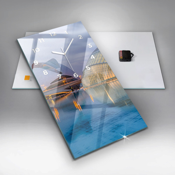 Vertikální nástěnné hodiny Západ slunce ve městě