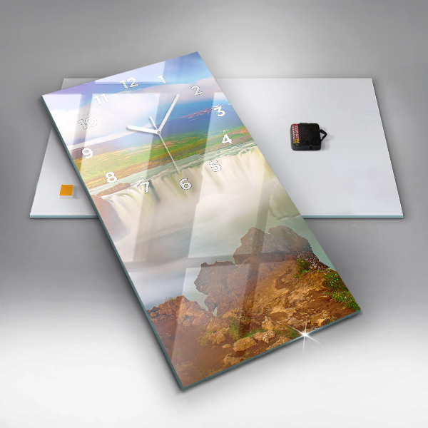 Vertikální skleněné hodiny Godafoss na Islandu