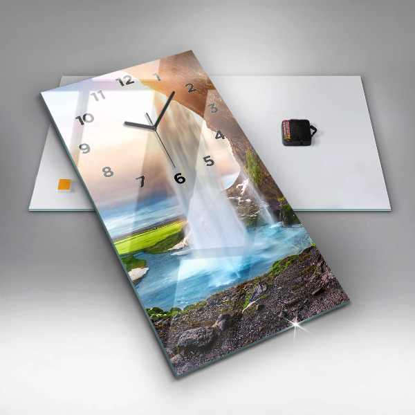 Vertikální skleněné hodiny Vodopád na Islandu