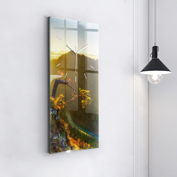 Vertikální skleněné hodiny Západ slunce nad horami