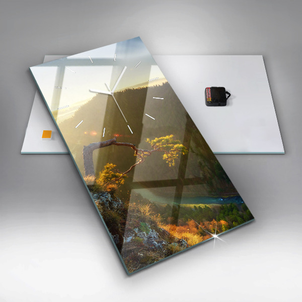 Vertikální skleněné hodiny Západ slunce nad horami