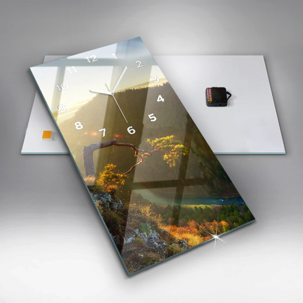 Vertikální skleněné hodiny Západ slunce nad horami