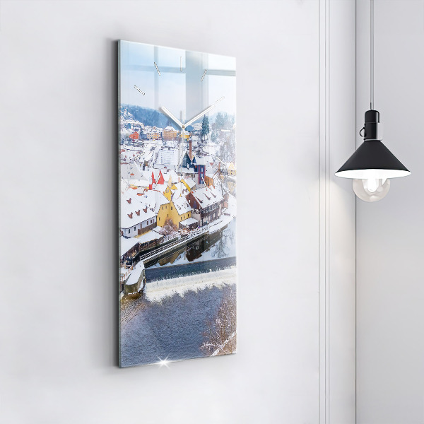 Vertikální skleněné hodiny Panorama města v zimě