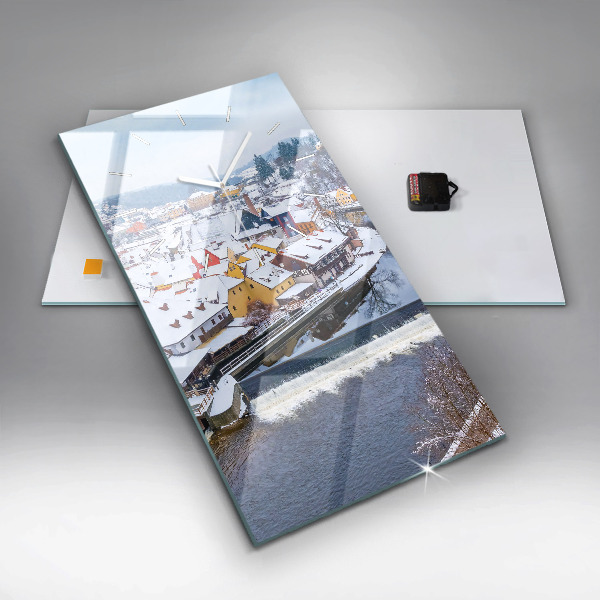 Vertikální skleněné hodiny Panorama města v zimě