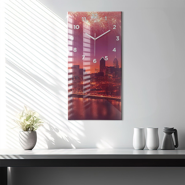 Vertikální skleněné hodiny Noční město ve Filadelfii