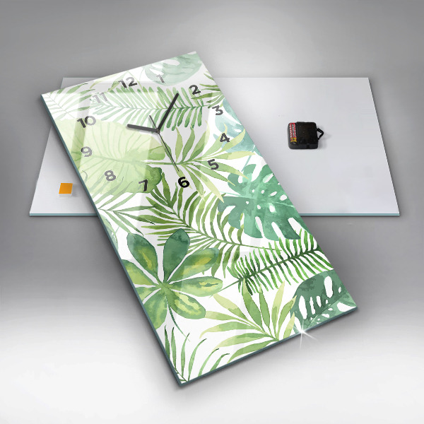 Vertikální skleněné hodiny Zelené listy