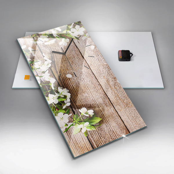 Vertikální skleněné hodiny Květiny na dřevě