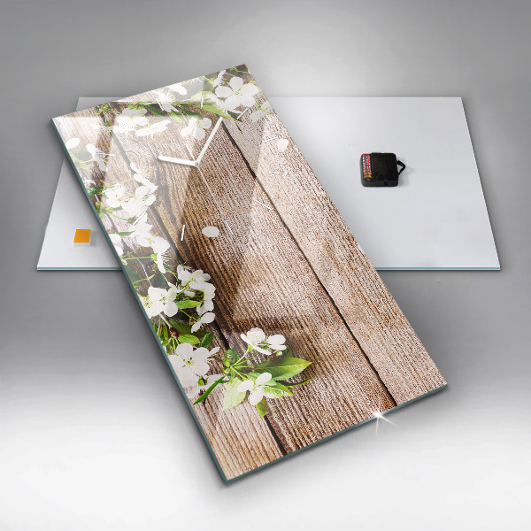 Vertikální skleněné hodiny Květiny na dřevě