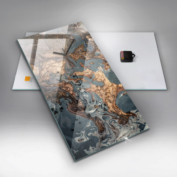 Vertikální skleněné hodiny Mramorová zlatá abstrakce