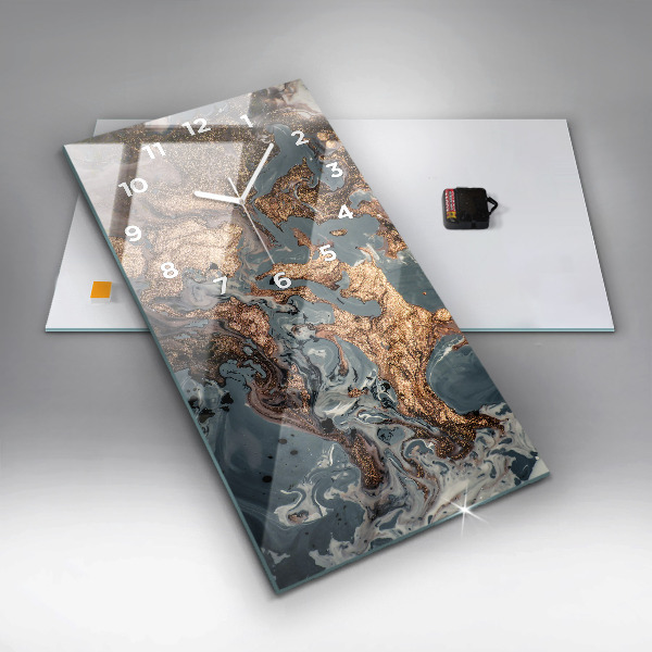 Vertikální skleněné hodiny Mramorová zlatá abstrakce