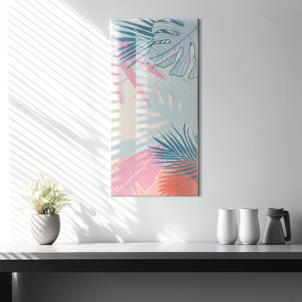 Vertikální skleněné hodiny Pastelové listy - tropy