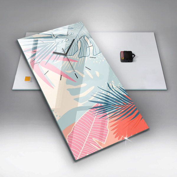 Vertikální skleněné hodiny Pastelové listy - tropy