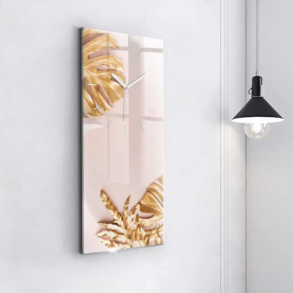 Vertikální skleněné hodiny Zlaté tropické listy