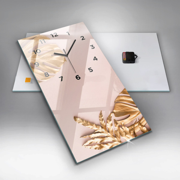 Vertikální skleněné hodiny Zlaté tropické listy