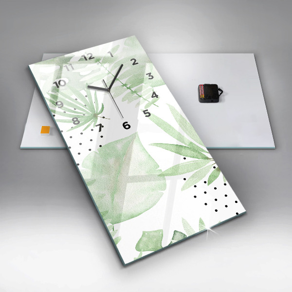 Vertikální skleněné hodiny Zelené listy