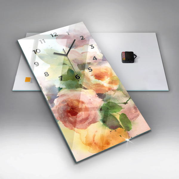 Vertikální skleněné hodiny Růže ve váze akvarel